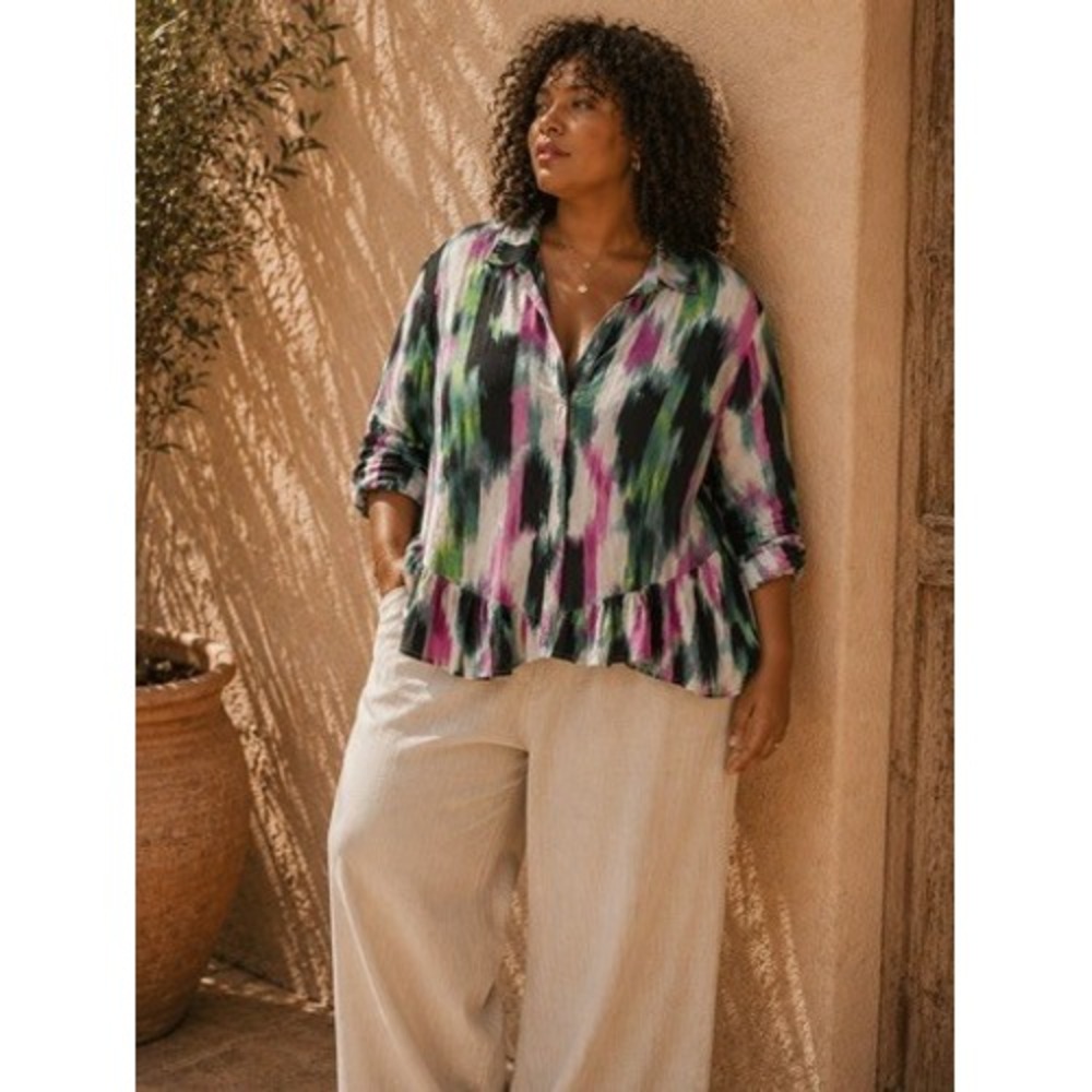 For Cynthia Woman 3X Ikat Print Linen Blend V-Neck Tunic Blouse Roll Tab Sleeve